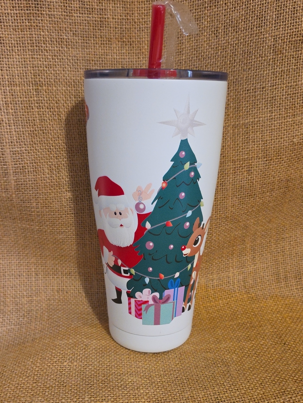 Holiday Santa & Tree Travel Tumbler with Red Straw - White